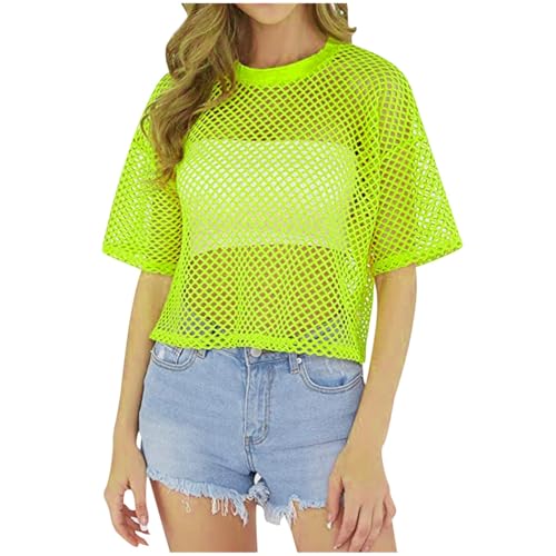 Netzoberteil Damen Neon Oberteil Mottoparty Netzshirt Neonparty Top Für Frauen Netz Hemd Karneval 80er 90er Jahre Outfit Damen Pink Crop Tops Fasching Rave Party Kleidung Schön Fluo Kurzärmelig von Generisch
