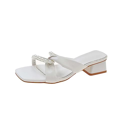 Neue Sommer Net Red Worker Schriftart weibliche Mode mittelhoher Absatz Schuhe Fee Wind High Heels Temperament kleine Weihrauch Perle Hausschuhe Damen flache Sandalen 9, weiß, 36.5 EU von Generisch