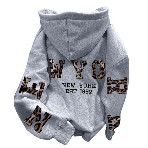 New York Fashion Hoodies & Sweatshirts für Frauen Trendy Hooded Casual mit Kapuze Outfits Y2K Country Graphic Langarm Brief Loose Fit Tops Essential Pullover 2025 Einfarbig Komfort, grau, S von Generisch