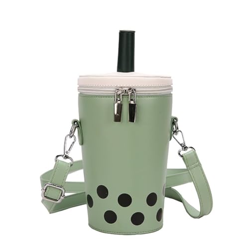 Niedliche Zylinder-Umhängetasche – gepunktete Milchtee-Geldbörse mit Strohhalm – niedliche Eimer-Umhängetasche für Damen (grün), grün, 13*10*21cm von Generisch