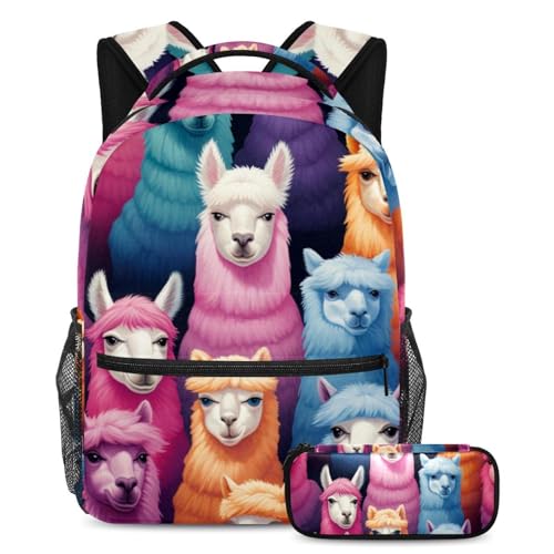 Niedlicher Alpaka-Rucksack mit Federmäppchen, 2-teiliges Schultaschen-Set für Jungen, Mädchen, Teenager, Mehrfarbig Nr. 01, B：29.4x20x40cm P：19x7.5x3.8cm, Tagesrucksäcke von Generisch