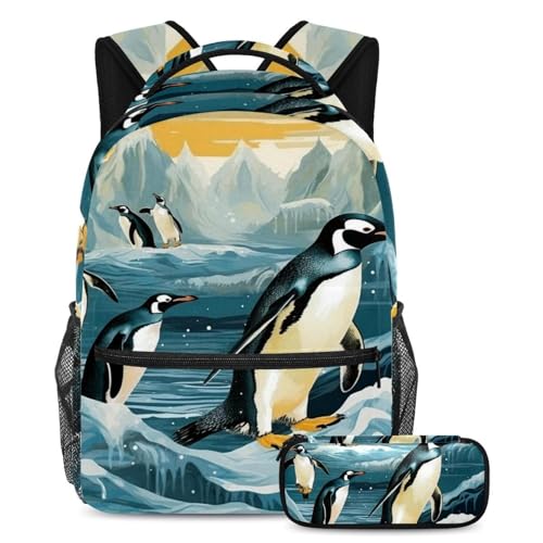 Niedlicher Pinguin macht sich bereit für den Schulanfang mit unserem Rucksack und Federmäppchen-Set für Jungen, Mädchen und Teenager, Mehrfarbig Nr. 02, B：29.4x20x40cm P：19x7.5x3.8cm, Tagesrucksäcke von Generisch