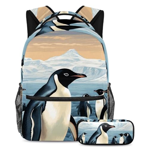 Niedlicher Pinguin macht sich bereit für den Schulanfang mit unserem Rucksack und Federmäppchen-Set für Jungen, Mädchen und Teenager, Mehrfarbig Nr. 07, B：29.4x20x40cm P：19x7.5x3.8cm, Tagesrucksäcke von Generisch