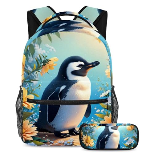 Niedlicher Pinguin und Blume, 2-teiliges Schultaschen-Set, Rucksack mit Federmäppchen für Jungen, Mädchen, Teenager, mehrfarbig, B：29.4x20x40cm P：19x7.5x3.8cm, Tagesrucksäcke von Generisch