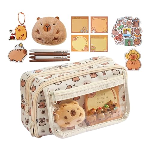 Niedliches Capybara-Federmäppchen, großes Fassungsvermögen, Capybara-Schreibwaren-Set, Federmäppchen mit Aufkleber, Stifte, Capybara-Plüschpuppe, Anhänger, Nadeln, breite Öffnung, Federmäppchen für von Generisch