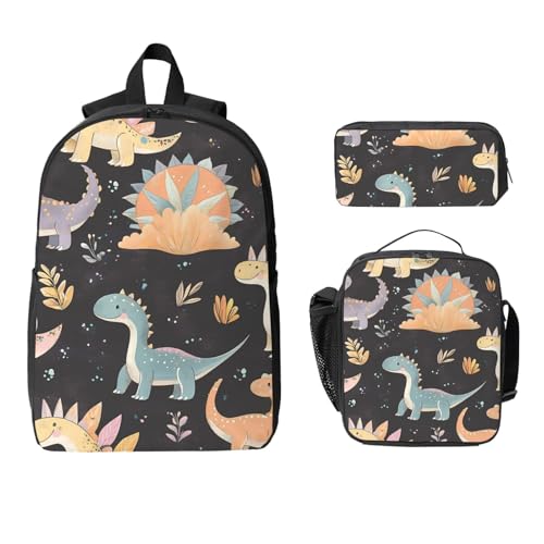 Niedliches Dinosaurier-Blumen-Rucksack-Set für Mädchen und Jungen, mit Lunchtasche, Federmäppchen, Cartoon-Dino, 3-teilig, Schultaschen, isolierte Lunchbox, Geschenke für Frauen und Männer von Generisch