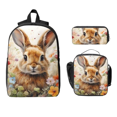 Niedliches Hasen-Blumen-Rucksack-Set für Mädchen Jungen mit Lunch-Tasche Federmäppchen Kaninchen Ostern 3 Stück Schultaschen Isolierte Lunchbox Geschenke für Frauen Männer von Generisch