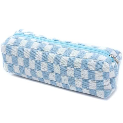 Niedliches kariertes Federmäppchen – ästhetisches Federmäppchen mit Reißverschluss für Mädchen, stilvolle Schulbedarf & Make-up-Tasche (blau), blau, Federmäppchen von Generisch