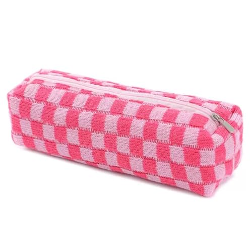 Niedliches kariertes Federmäppchen – ästhetisches Federmäppchen mit Reißverschluss für Mädchen, stilvolle Schulbedarf & Make-up-Tasche (blau), rose, Federmäppchen von Generisch
