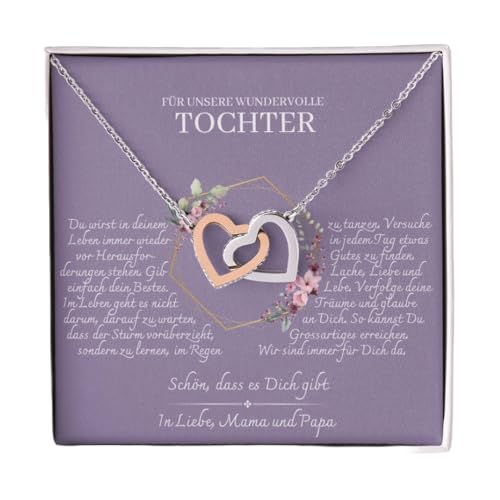 Nilaja Mutter Tochter Geschenk Doppelherz Karabiner Halskette mit personalisierter Karte und Geschenk-Box - 18. geburtstag mädchen - Kette mit Zirkonia zum Geburtstag Weihnachten von Generisch