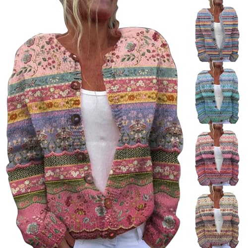 Norweger Strickjacke Damen Wolle Grobstrickjacke Kurz Cardigan Langarm Frühlingsjacke Große Größen Norweger Bunte-Strickjacken Oversize Strickmantel Gestrickte-Cardigan Damenjacken Sommerjacke von Generisch