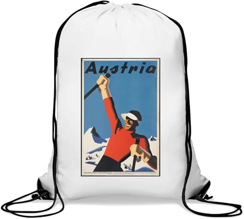 Österreich Snow and Skiing Retro Travel Poster Gym Sack Casual Drawstring Bag White von Generisch
