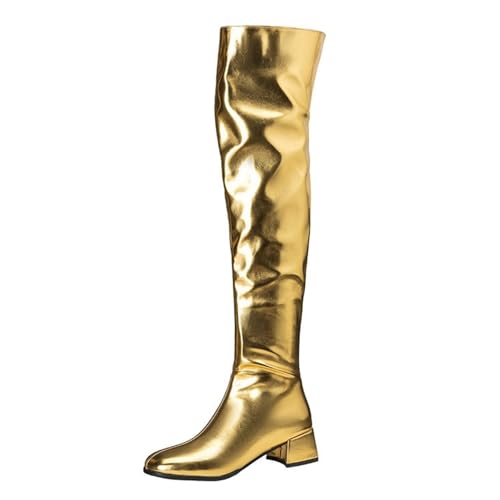 Oberschenkelhohe Stiefel für Damen, metallisch, Blockabsatz, über dem Knie, spitzer Zehenbereich, zum Überziehen, modisch, Nachtclub, Discoschuhe, gold, 37EU von Generisch