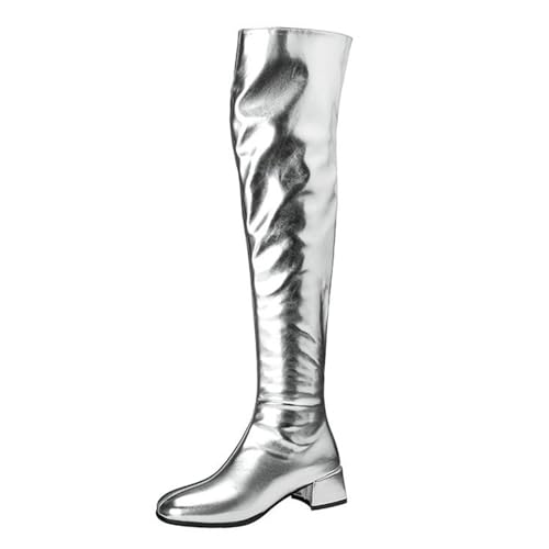 Oberschenkelhohe Stiefel für Damen, metallisch, Blockabsatz, über dem Knie, spitzer Zehenbereich, zum Überziehen, modisch, Nachtclub, Discoschuhe, silber, 37EU von Generisch