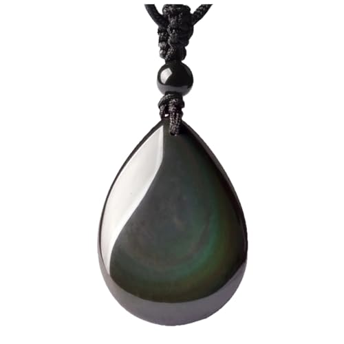 Obsidian-Halskette, Tropfenform, Regenbogen-Anhänger, schwarzer polierter Stein, einzigartiger Schmuck für Damen und Herren von Generisch