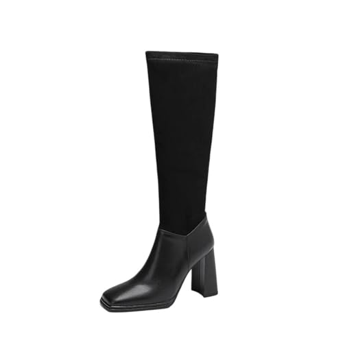 Ods Fashion kniehohe Stiefel für Damen aus Stretch-Echtleder für einen bequemen langen Schuh mit hohen Absätzen und einer Metallkappe, Schwarz , 40 EU von Generisch