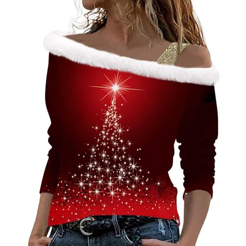 Off Shoulder Weihnachtsbluse Damen Langarm Glitzer Chritmas Weinglas Drucken Oberteile Pullover Mesh Tunika Tops Langarmshirts Bluse Elegant Tshirts Weihnachtsshirt Weihnachtspullover Damen Lustig von Generisch