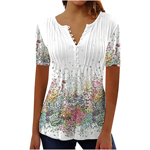 Bluse Damen Elegant V-Ausschnitt Kurzarm Tunika Tops Locker Blumen Oberteile Henley Longshirt Lässige Elegant T-Shirt Sommer Bluse Langarm Hemd von Generisch