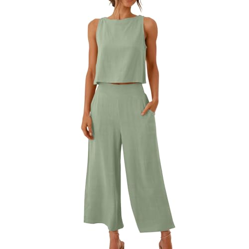 Offers of The Day Today,Sommer Zweiteiler Damen Elegant Musselin Bluse Damen Hosenanzug Ärmello Top und Hosen Outfit Set Modische Freizeitanzug Baumwolle Loungewear mit Taschen Weite Bein Hosenanzüge von Generisch