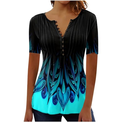 Offers of The Day Today,Tshirt Damen Elegant V-Ausschnitt Tunika Shirt Lässige Kurzarm Oberteile Vintage Baumwolle Bluse Tops Schön Blumen Druck Sommershirts Knopfleiste Plissiert T-Shirt Streetwear von Generisch