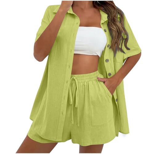 Offers of the Day Today,Sommer Zweiteiler Damen Elegant Musselin Set Damen Sommer Musselin Bluse Und Shorts Aesthetic Y2K Lounge Set Baumwolle Sportanzug Oversize Freizeitanzug Outfit Musselin Bluse von Generisch