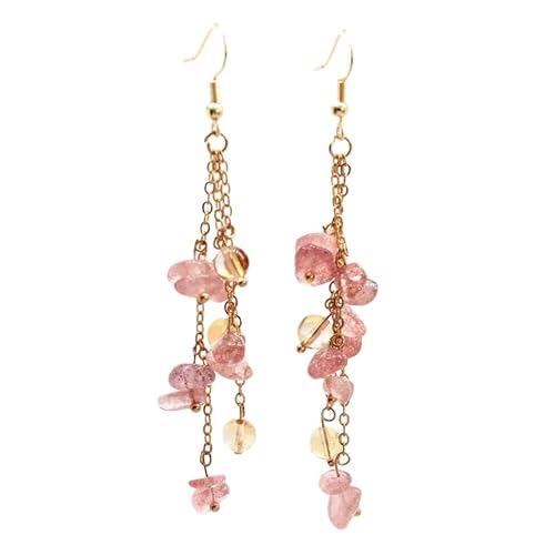 Ohrringe Aus Natürlichem Kristall Edelstein, Erdbeerquarz Trommelstein, Perlen, Lange Quaste, Ohrhänger, Trendiger Süßer Sommerschmuck für Frauen und Mädchen von Generisch