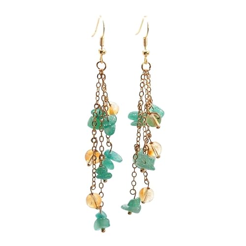 Ohrringe Aus Natürlichem Kristall Edelstein, Grüner Aventurin Trommelstein, Perlen, Lange Quaste, Ohrhänger mit Haken, Trendiger Süßer Sommerschmuck für Frauen und Mädchen von Generisch