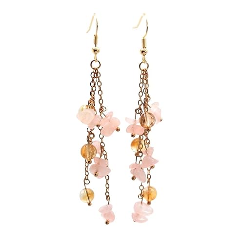 Ohrringe Aus Natürlichem Kristall Edelstein, Rosenquarz Trommelstein, Perlen, Lange Quaste, Ohrhänger, Trendiger Süßer Sommerschmuck für Frauen und Mädchen von Generisch