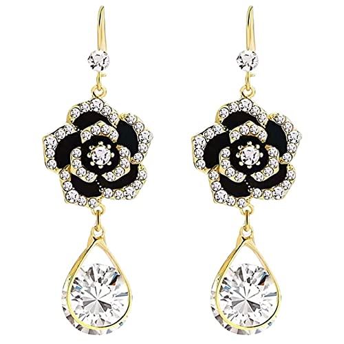 Ohrringe Damen Ohrhänger Ohrringe Hängend für Damen Kamelie geformte Quasten Anhänger Strass Ohrringe dünn baumeln Gold Elegante Blumen-Ohrringe Perlen Tropfen Ohrringe Damen (Gold, One Size) von Generisch