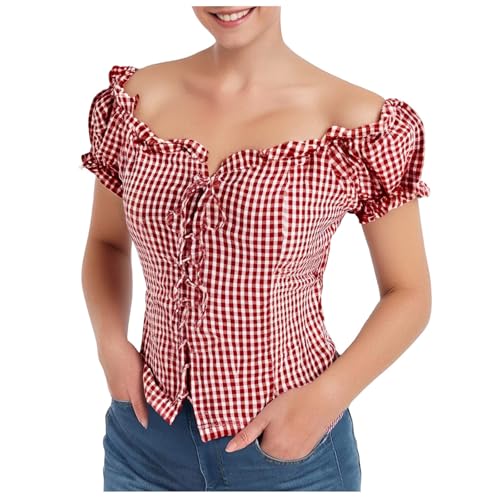 Oktoberfest Bluse Damen Kariert Trachtenblusen Outfit Trachtenbluse Weiß Rot Trachtenshirt Trachtenhemd Trachten Oberteil Trachtenmieder Trachtenbluse Karierte Bluse Oktoberfestbluse Hemd Kariert von Generisch