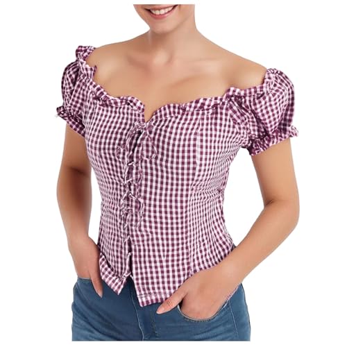 Oktoberfest Bluse Damen Kariert Trachtenblusen Outfit Trachtenbluse Weiß Rot Trachtenshirt Trachtenhemd Trachten Oberteil Trachtenmieder Trachtenbluse Karierte Bluse Oktoberfestbluse Hemd Kariert von Generisch