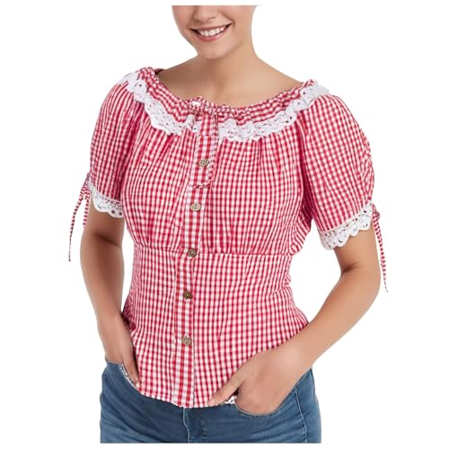 Oktoberfest Bluse Damen Trachtenbluse Kurzarm Karierte Trachten Oberteil Bayrische Outfit Karohemd Casual Hemdbluse S von Generisch