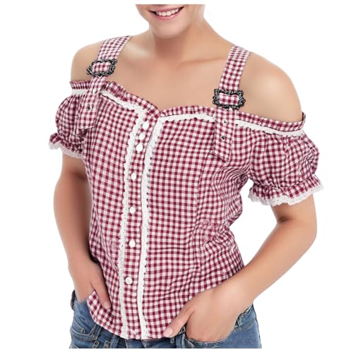 Oktoberfest Damen Trachtenbluse Rot Kariertes Traditionelle Trachten Bluse Kurzarm Spitze Outfit Herzknöpfen Bayrische Trachtenshirt Dirndlbluse Trachtenhemd Freizeithemd Karohemden Trachtenoberteil von Generisch
