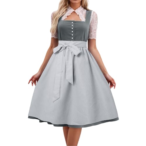 Oktoberfest Dirndl Damen mit Reissverschluss Vorne, Grosse Grössen Elegant Retro Dirndlkleid Lang U-Ausschnitt Schlicht Trachtenmode Festlich Trachtenkleid für Bierfest Anlässe Party von Generisch