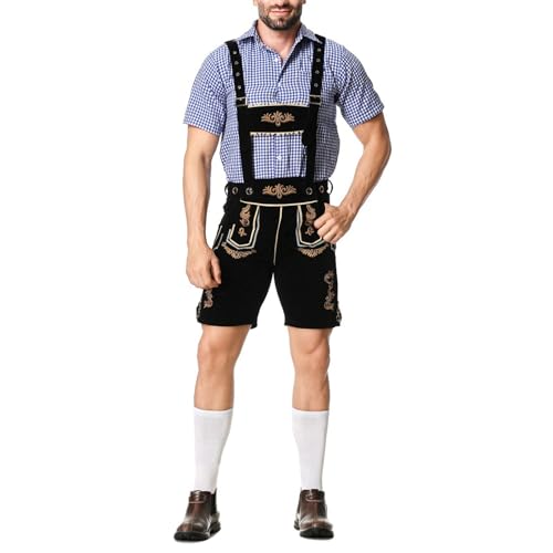 Oktoberfest Herren Outfit Herren Deutsch Bayern Oktoberfest Kostüm Set mit Abnehmbarem Lätzchenträger Kariertes Trachtenhemd Lederhose mit Trägern und Bayerischen Trachten Set für Herren. von Generisch