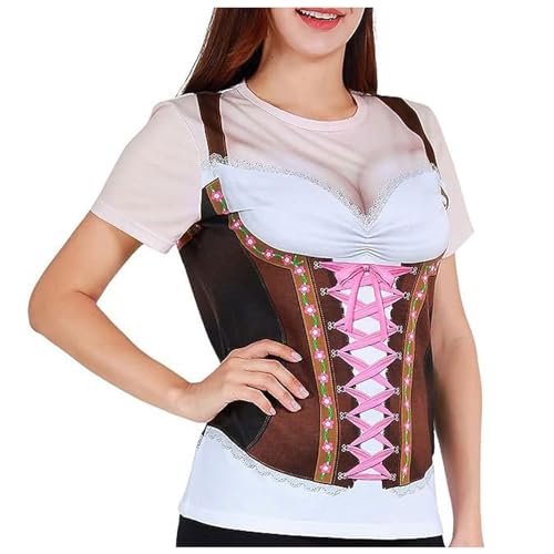 Oktoberfest Tshirt Damen, Damen Tshirt Oversize Kurzarm Rundhals T Shirt Oktoberfest Dirndl Bluse Druck Oberteile Festival Casual Pullover T-shirts für Damen Bierfest Bavarian Karneval Shirts von Generisch