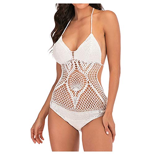One-Piece Badeanzug Jersey Cut Out Neckholder Bikini Bademode Hinten Festbinden Triangel Rückenfrei Einteilige Bauchweg Bademode(Weiß, S) von Generisch
