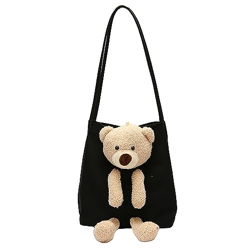 One Shoulder Canvas Bag Student Bag Women's Pure Color Cute Bear Handbag High Capacity Casual Travel Kawaii Gift Fashion Minimalist Purses for Women Shoulder Bag, Schwarz , Einheitsgröße von Generisch