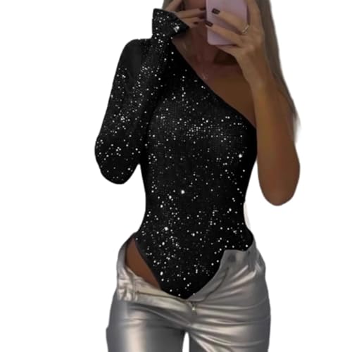 One-Shoulder-Pailletten-Body für Damen, schulterfreier Body für Damen, One-Shoulder-Body-Top, Schwarz , XL von Generisch