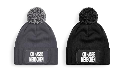 One Size Beanie mit Pompon, Bommelmütze mit Spruch: Ich Hasse Menschen (DE/NL/SE/PL, Alphanumerisch, Einheitsgröße, graue Mütze) von Generisch