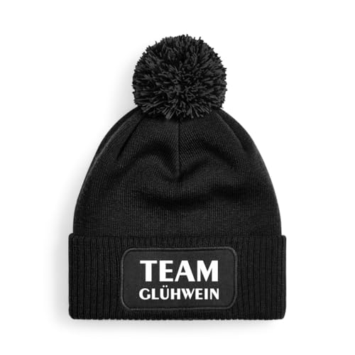 One Size Beanie mit Pompon, Bommelmütze mit Spruch: Team Glühwein (DE/NL/SE/PL, Alphanumerisch, Einheitsgröße, Schwarze Mütze) von Generisch