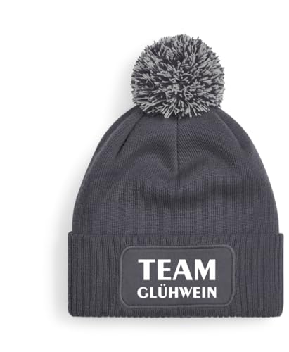 One Size Beanie mit Pompon, Bommelmütze mit Spruch: Team Glühwein (DE/NL/SE/PL, Alphanumerisch, Einheitsgröße, graue Mütze) von Generisch