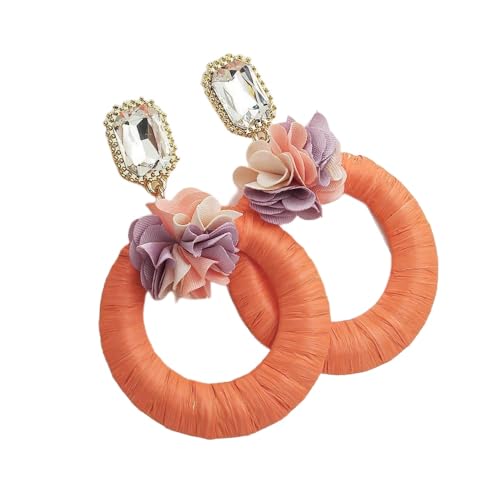 Orange Raffia Runde Tropfen Ohrringe für Frauen Handgefertigte Gewebte Boho Blumen Ohrstecker Retro Ohrringe Tropischer Urlaubsschmuck für Sommerstrand von Generisch