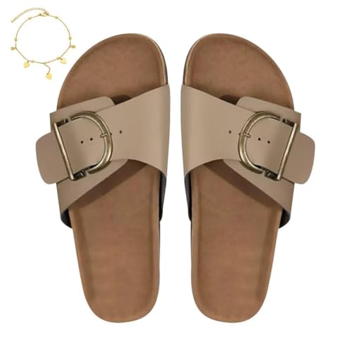 Orthomia Hausschuhe Damen, Vintage Gürtelschnalle Strand Casual Dickbesohlte Hausschuhe (khaki, Erwachsene, 37, Numerisch, EU Schuhgrößensystem, Breit) von Generisch