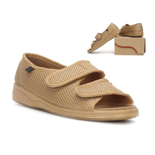 Orthopädische Damen-Sandalen Extra Breit Klettverschluss Für Geschwollene Füße Senioren Komfortschuhe Für Sommer (Khaki, Erwachsene, 37, Numerisch, EU Schuhgrößensystem, M) von Generisch