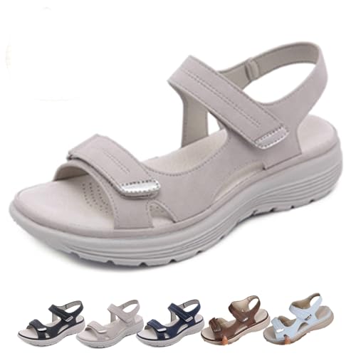 Orthopädische Damensandalen Für Schmerzlinderung - ErgoLiva, Ergonomische Ledersandalen, Langlebiger Gummisohle mit Klettverschluss (Grau, Erwachsene, 43, Numerisch, EU Schuhgrößensystem, M) von Generisch