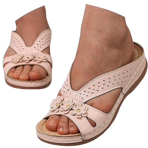 Orthopädische Pantoletten Damen, Pantoffeln Damen Sommer Leder Orthofit Slipper Arch Support Sandalen Sommer Latschen Schlappen Offene Schuhe Hausschuhe Keilabsatz Sandaletten Weich Outdoorsandalen von Generisch