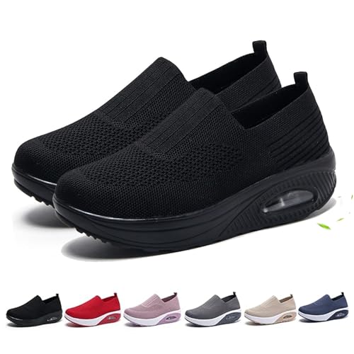 Orthopädische Schuhe für Damen, breite Passform, bequeme Rocker-Unterseite, Plateau-Sneaker, ergonomische Schmerzlinderung, Fußgewölbeunterstützung, orthopädische Schuhe, Schwarz , 44 EU von Generisch