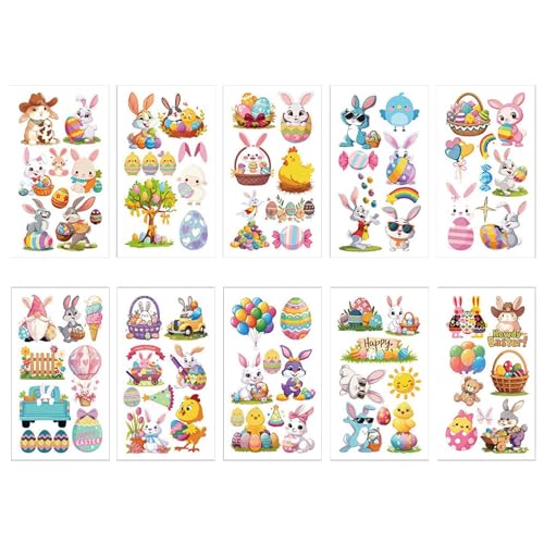 Ostern-Gesichtsaufkleber, Temporäres Ostern-Tattoo Für Kinder, 10 Blatt Tattoo-Aufkleber Für Mädchen, Temporäre Tattoo-Aufkleber Für Ostern, Ostereier, Hasen, Frühlingsferien-Themenaufkleber Für Kinde von Generisch