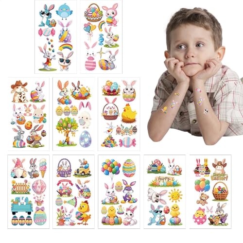 Ostern-Gesichtsaufkleber, temporäres Ostern-Tattoo für Kinder - 10 Blatt Hasen-Ei-Blumenaufkleber - Niedliche temporäre Tattoo-Aufkleber für Kinder, Osterdekor-Aufkleber für und Mädchen, Schulpreise von Generisch
